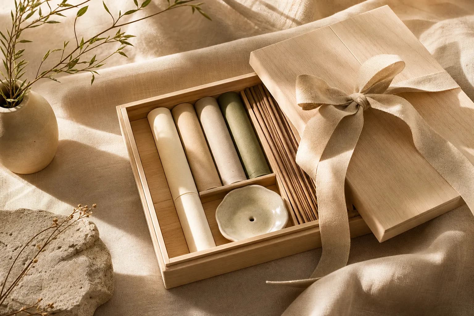 Coffret cadeau ouvert avec tubes d’encens et support, ruban de lin