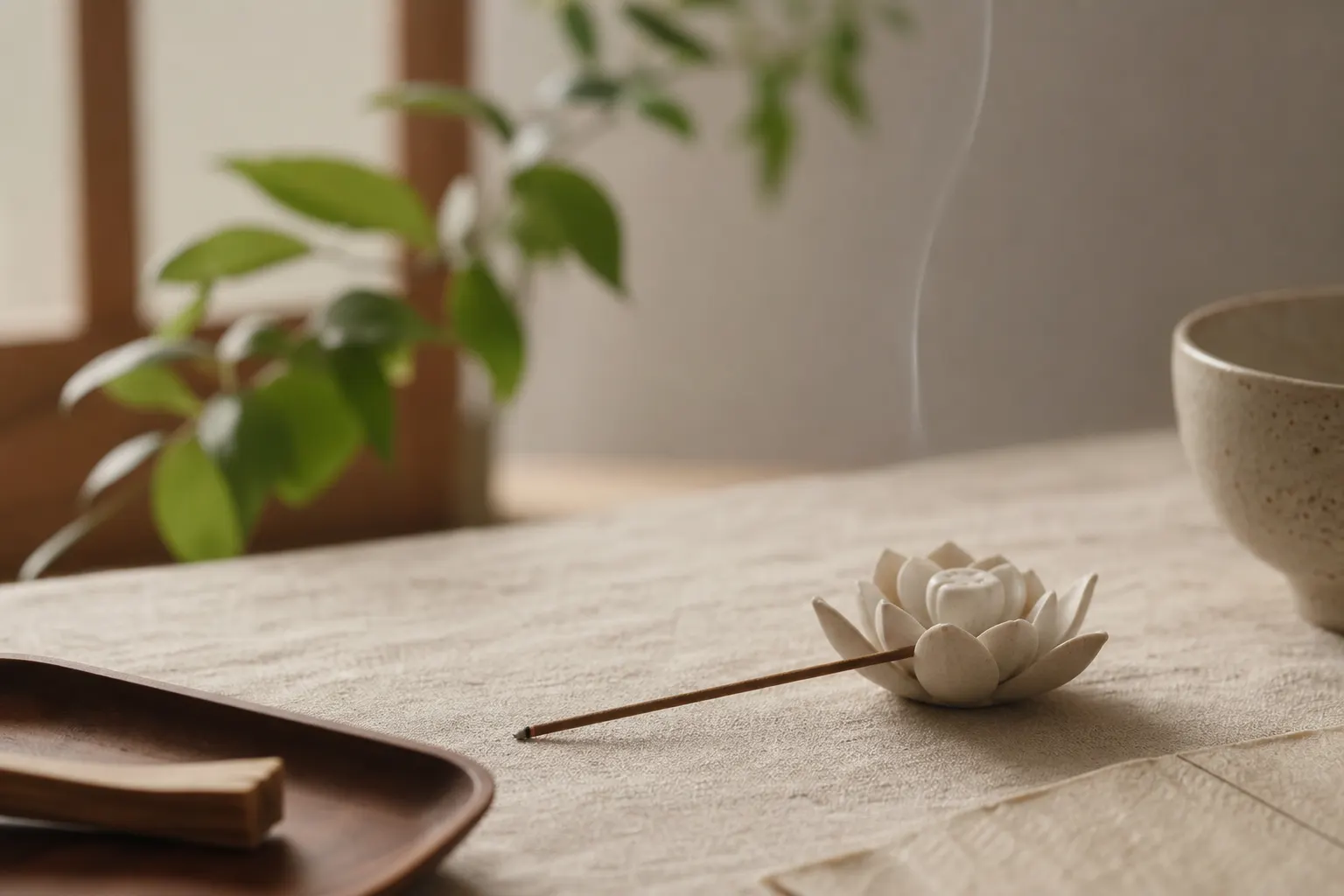 Bâtonnet d’encens et support céramique sur une table en lin, lumière douce