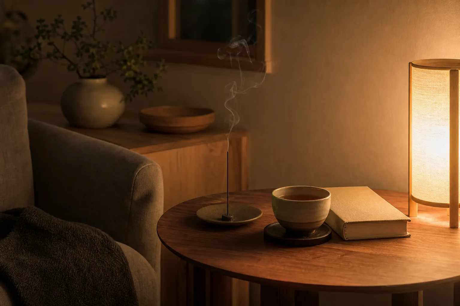 Coin salon le soir, lampe douce, livre, thé et fumée d’encens