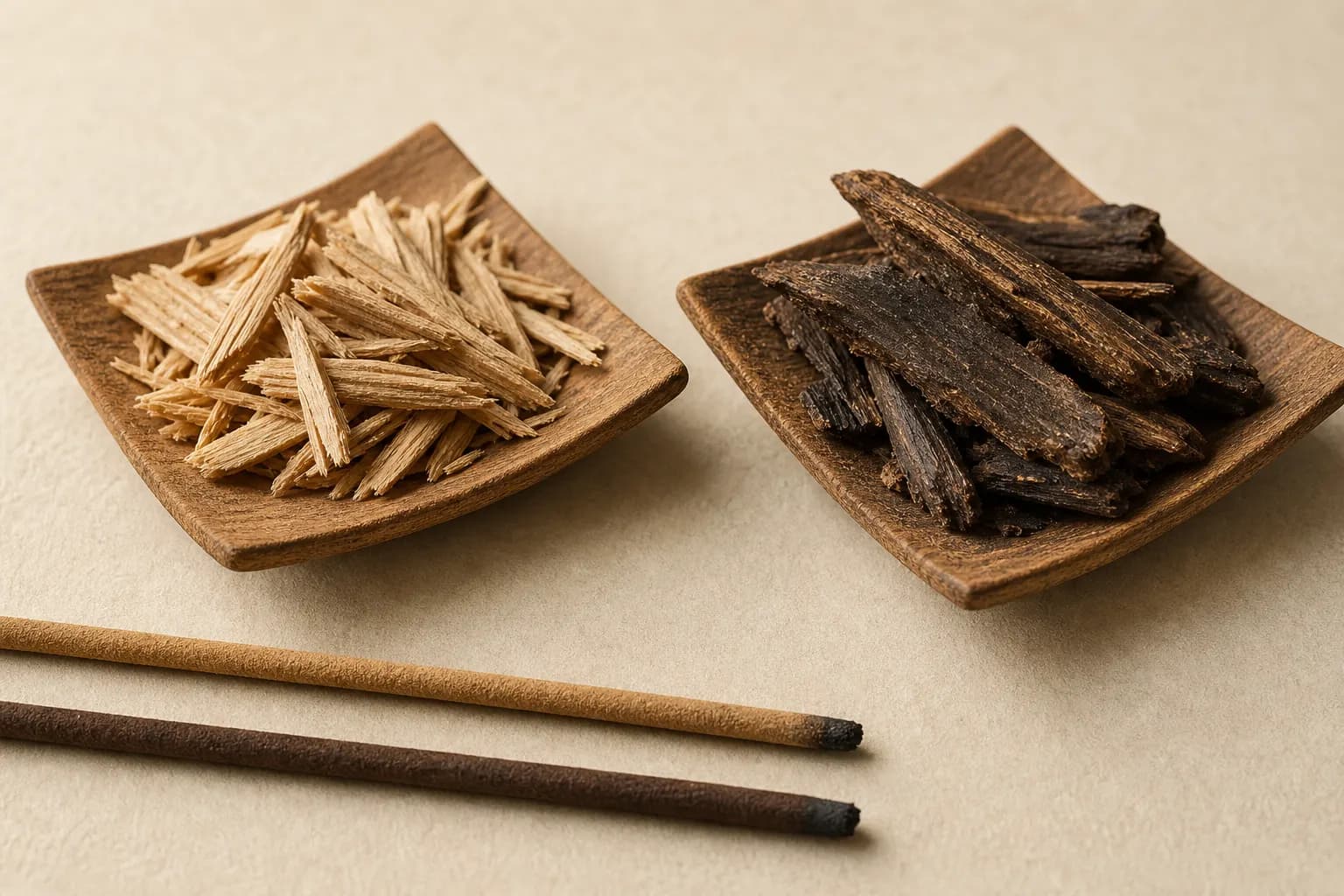 Deux familles de bois pour encens : santal clair et bois d’agar sombre